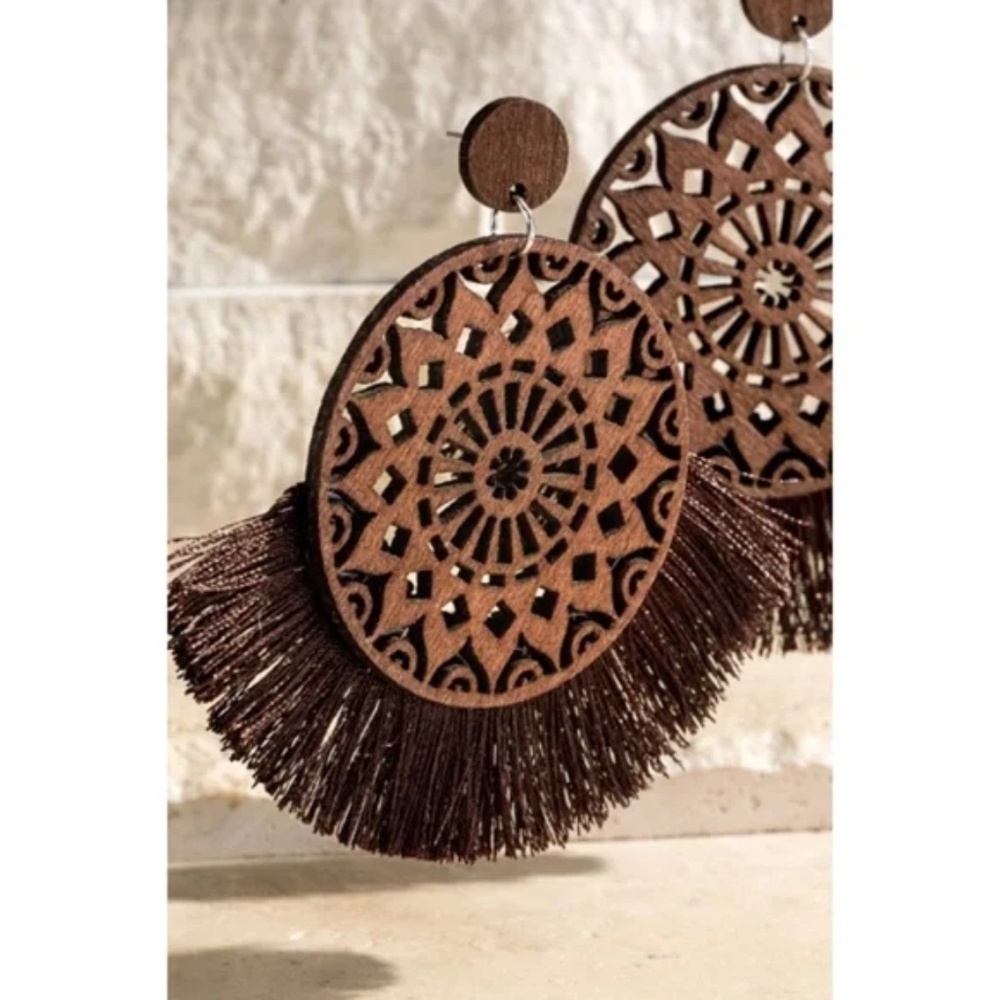 Brown Rustic Natural Wood Filigree Round Tassel Boho Bohemian Dangle Earrings